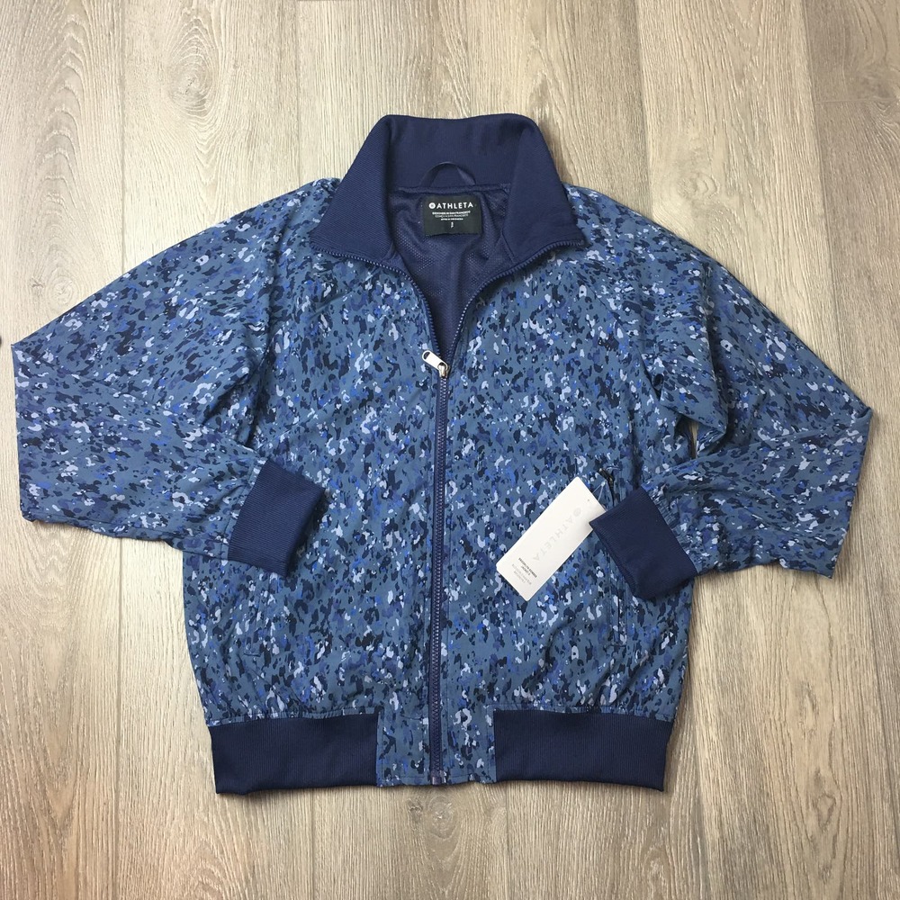 NWT Athleta Brooklyn Track Bomber Jacket II Camo Full Zip Navy Blue Size SP